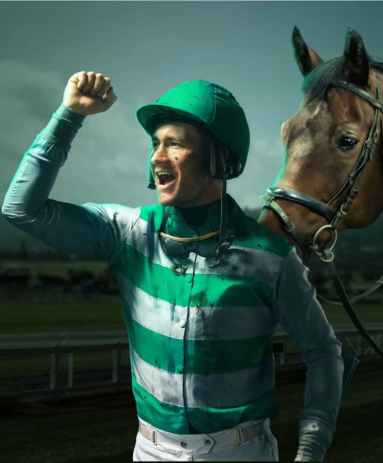 man celebrating with horse